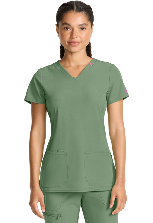 AMP MC702 V-Neck Top Beyond Green Model Image Front | Med Couture