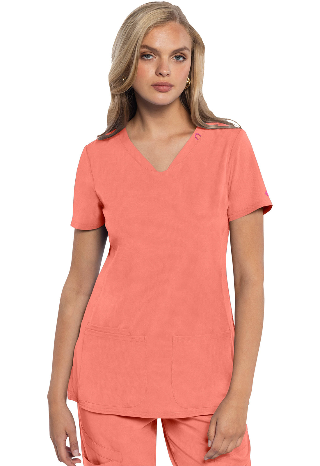 AMP MC702 V-Neck Top Coral Fusion Model Image Front | Med Couture