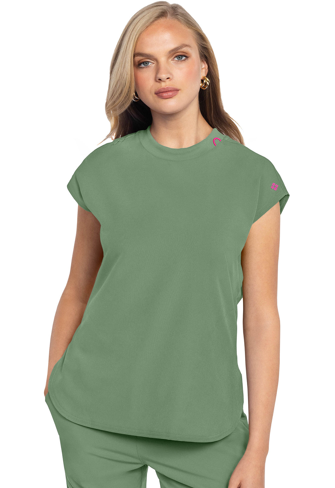 AMP MC703 Round Neck Tuckable Top Beyond Green Model Image Front | Med Couture