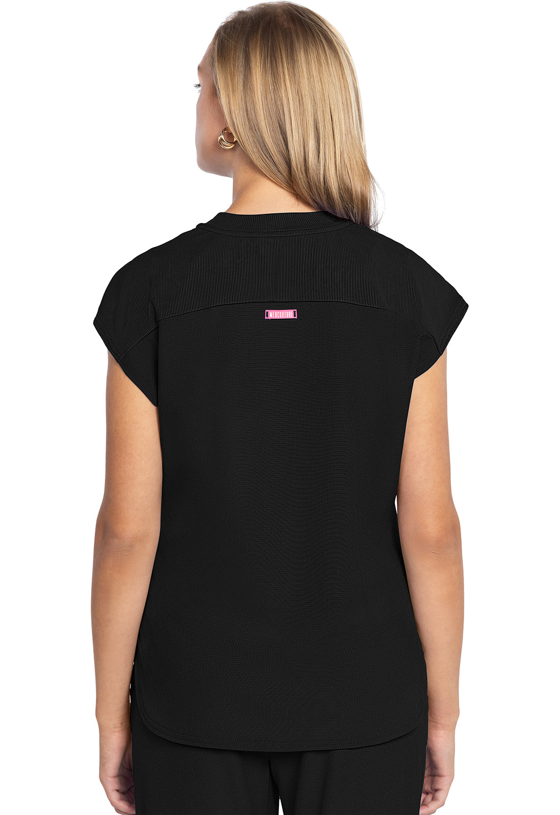 AMP MC703 Round Neck Tuckable Top Black Model Image Back | Med Couture