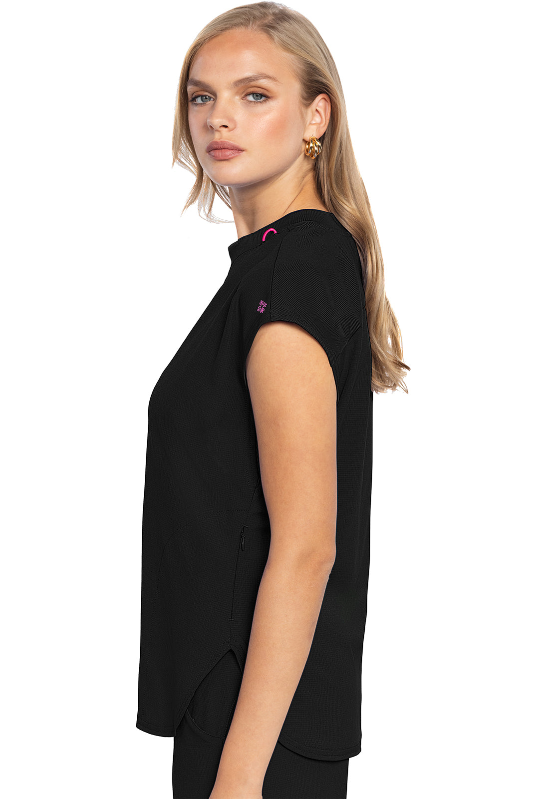 AMP MC703 Round Neck Tuckable Top Black Model Image Right Side | Med Couture