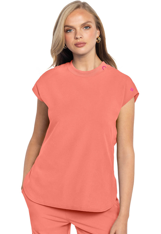 AMP MC703 Round Neck Tuckable Top Coral Fusion Model Image Front | Med Couture