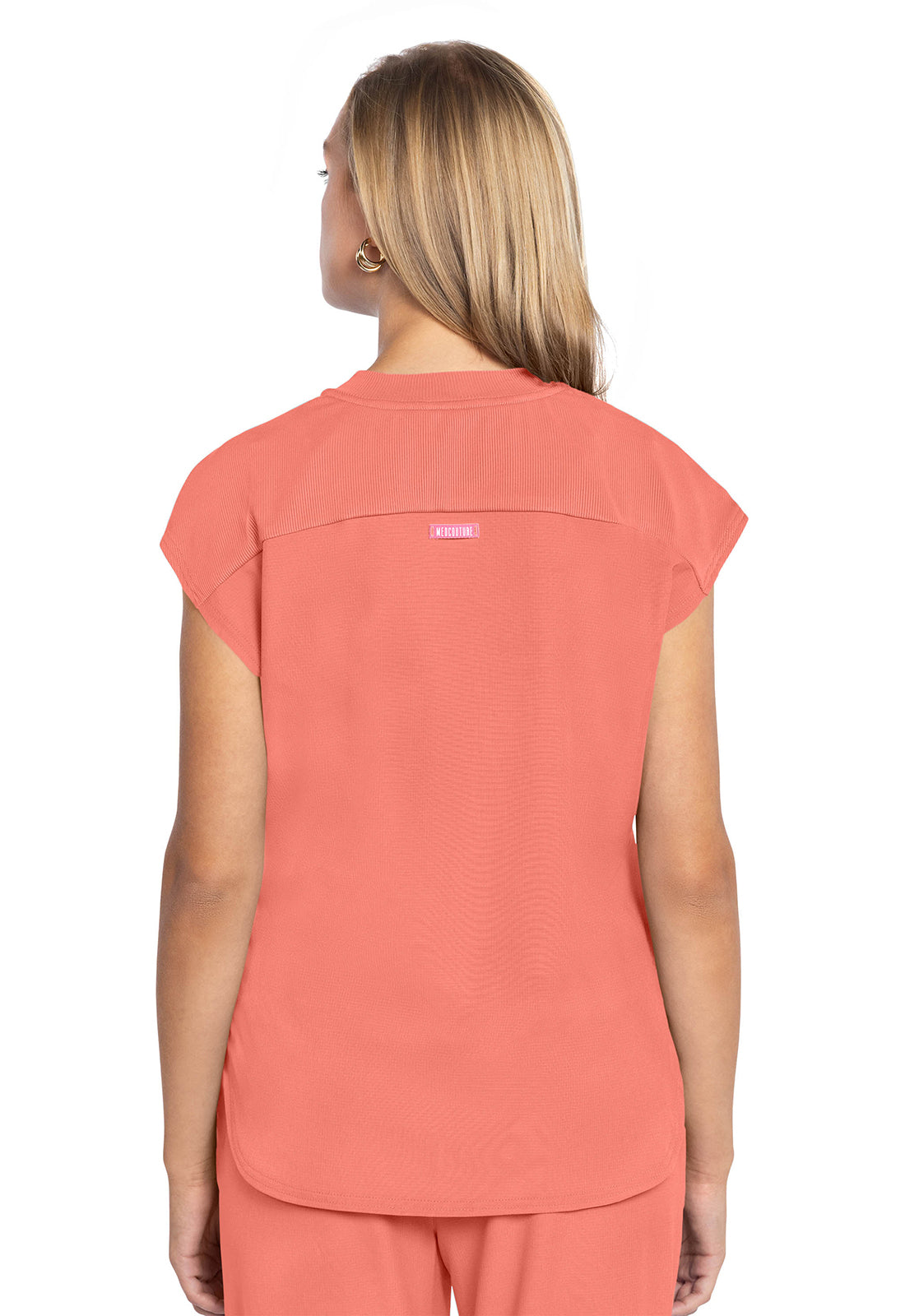 AMP MC703 Round Neck Tuckable Top Coral Fusion Model Image Back | Med Couture