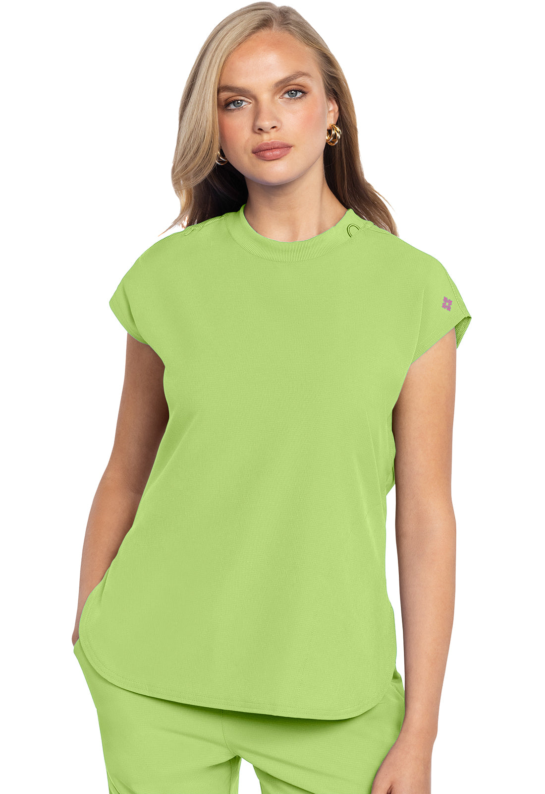 AMP MC703 Round Neck Tuckable Top Cyber Lime Model Image Front | Med Couture