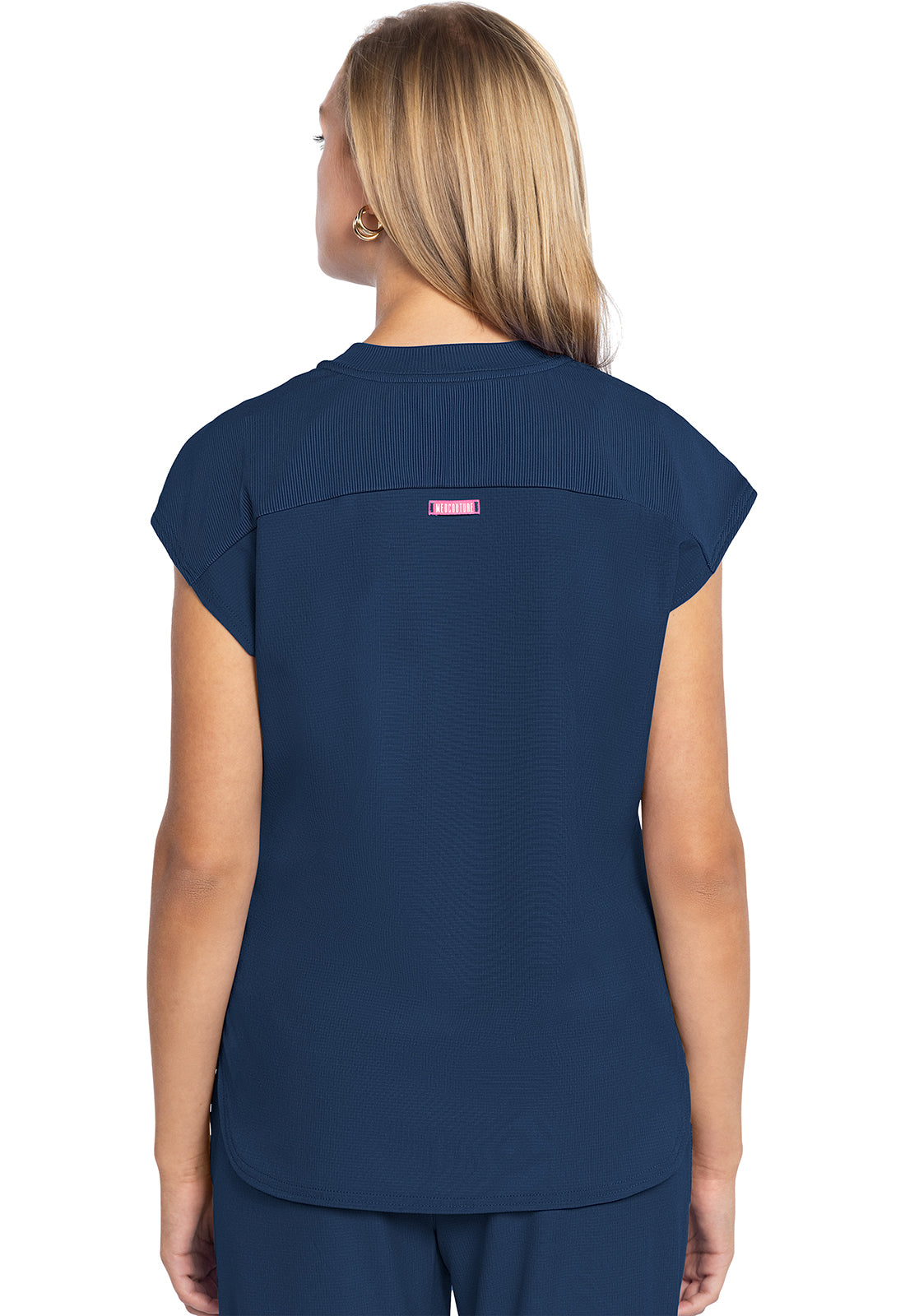 AMP MC703 Round Neck Tuckable Top Navy Model Image Back | Med Couture