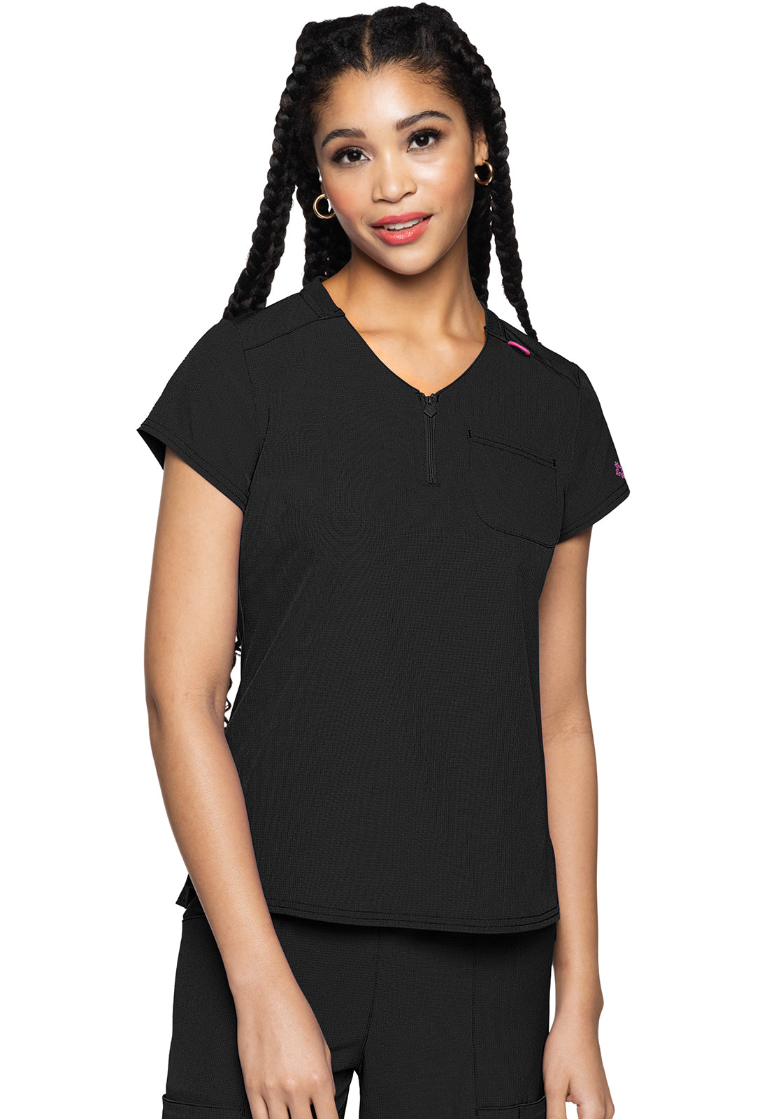 AMP MC705 Quarter Zip V-Neck Tuckable Top Black Model Image Front | Med Couture