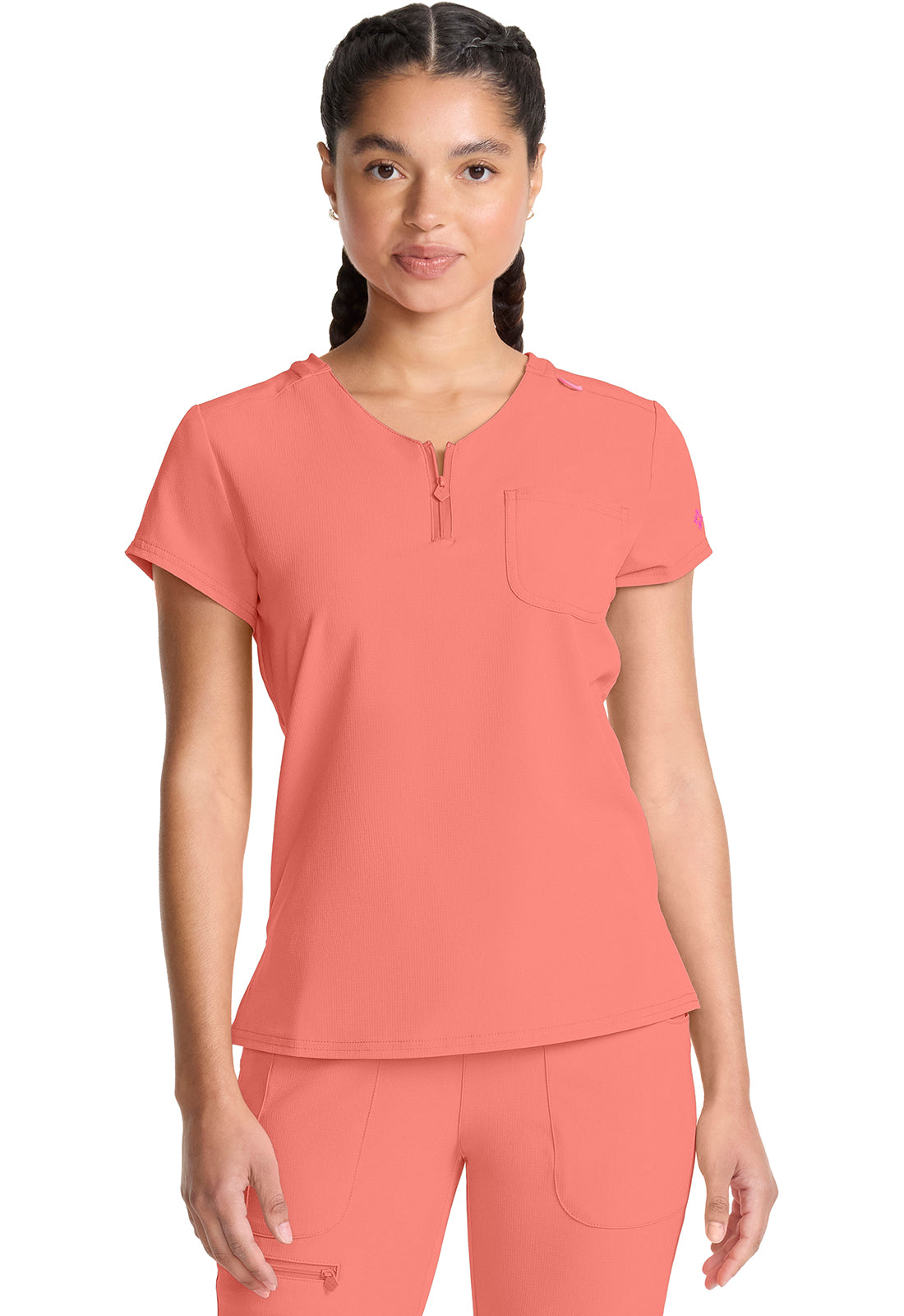 AMP MC705 Quarter Zip V-Neck Tuckable Top Coral Fusion Model Image Front | Med Couture