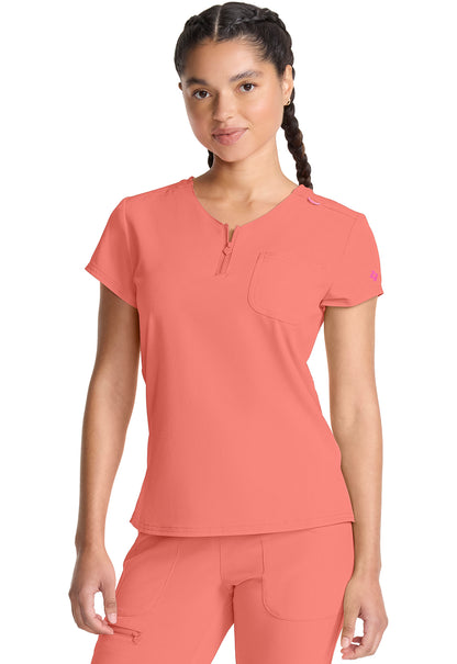 AMP MC705 Quarter Zip V-Neck Tuckable Top Coral Fusion Model Image Right Side | Med Couture