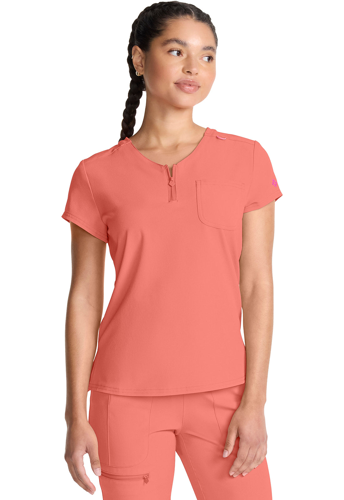 AMP MC705 Quarter Zip V-Neck Tuckable Top Coral Fusion Model Image Left Side | Med Couture