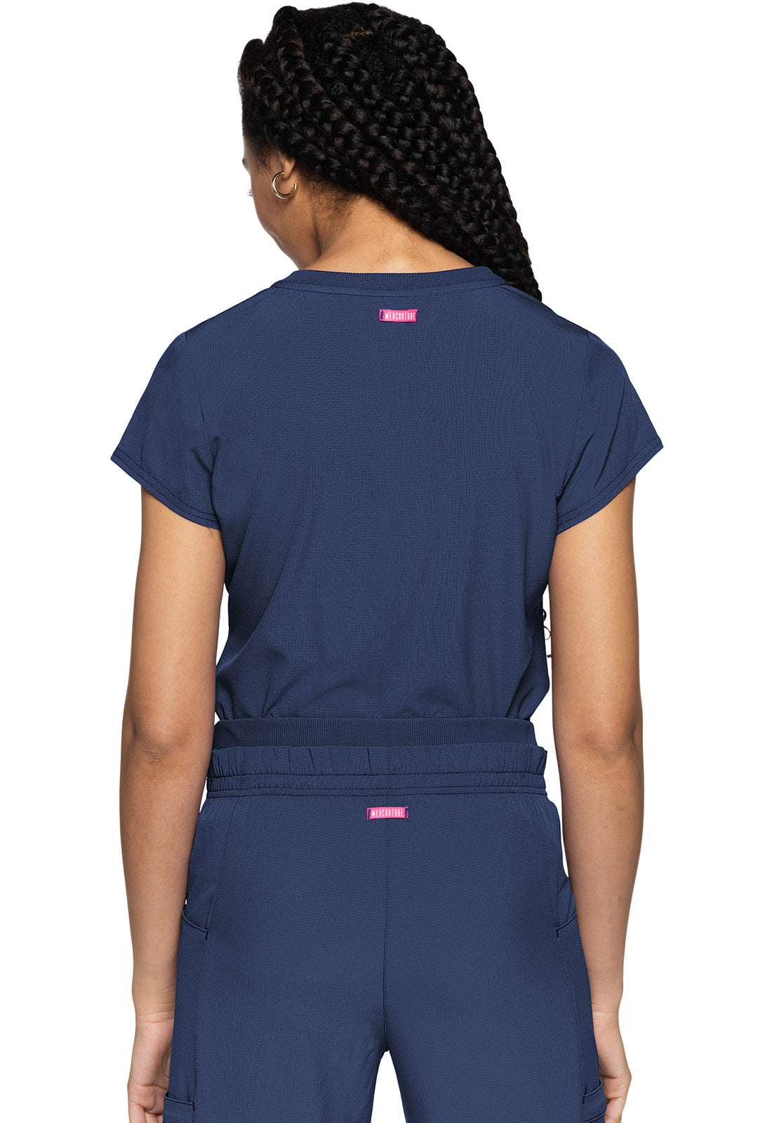 AMP MC705 Quarter Zip V-Neck Tuckable Top Navy Model Image Back | Med Couture