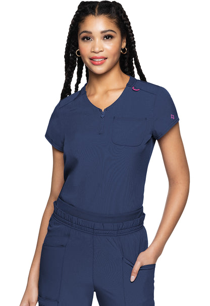 AMP MC705 Quarter Zip V-Neck Tuckable Top Navy Model Image Left Side | Med Couture