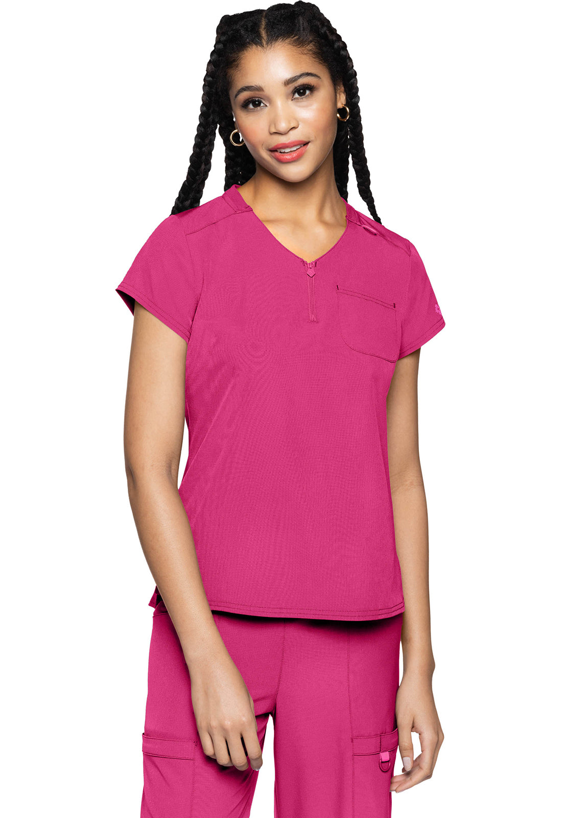 AMP MC705 Quarter Zip V-Neck Tuckable Top Pink Power Model Image Front | Med Couture