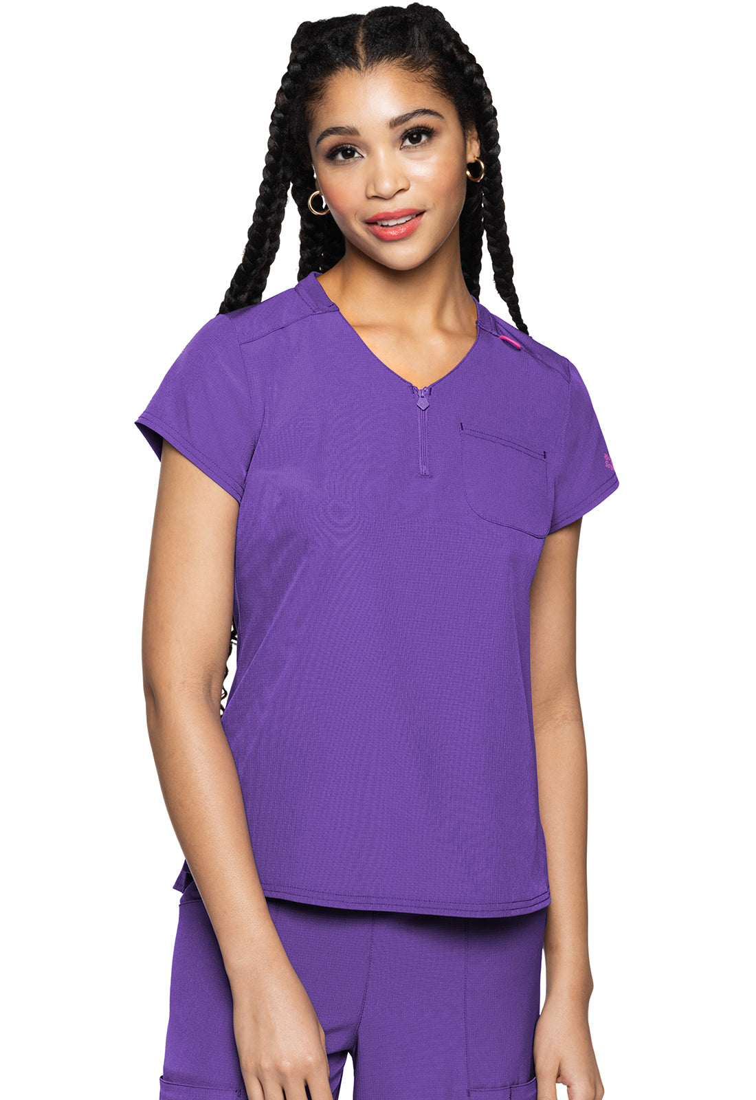 AMP MC705 Quarter Zip V-Neck Tuckable Top Purple Surge Model Image Front | Med Couture