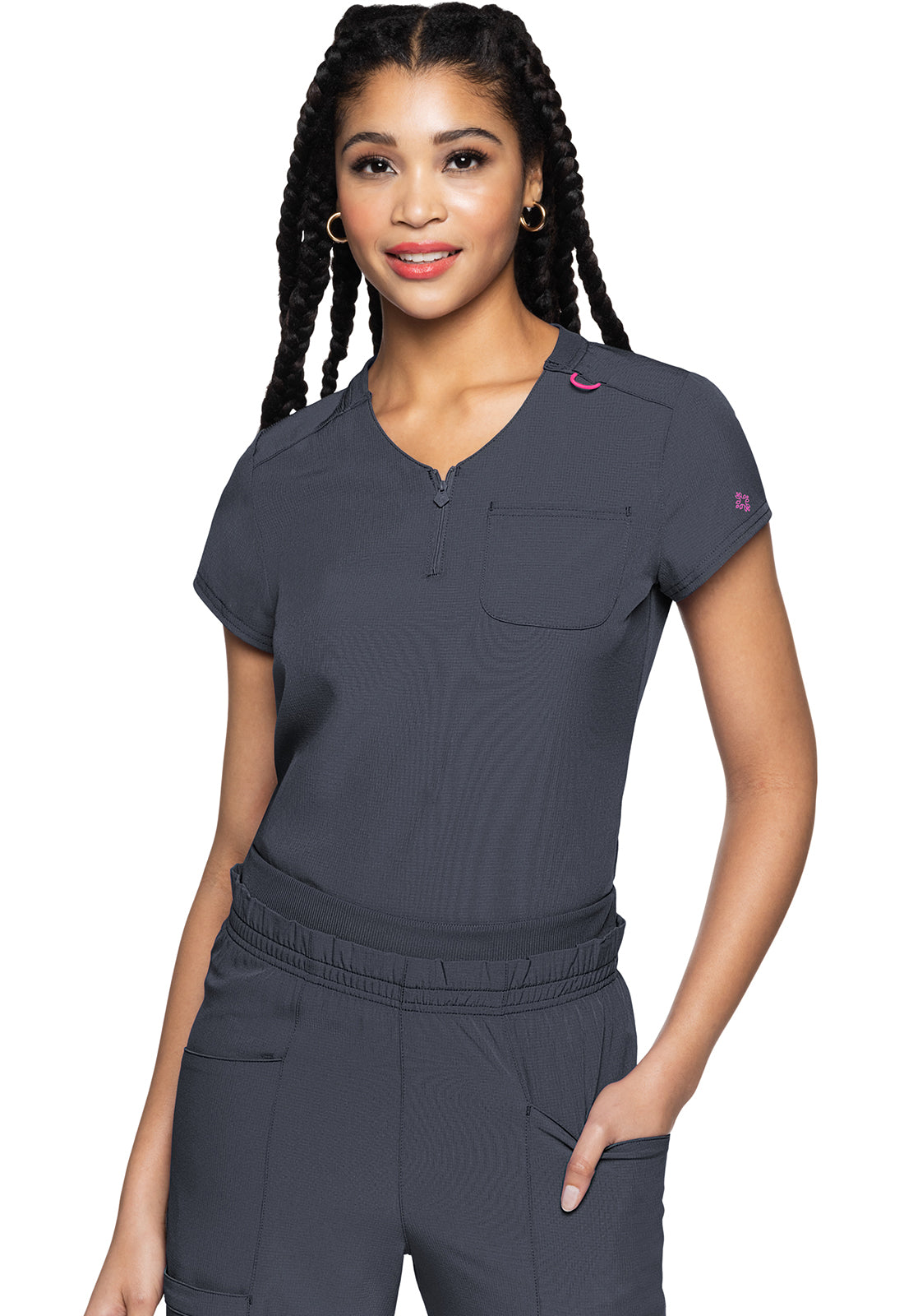 AMP MC705 Quarter Zip V-Neck Tuckable Top Pewter Model Image Left Side | Med Couture