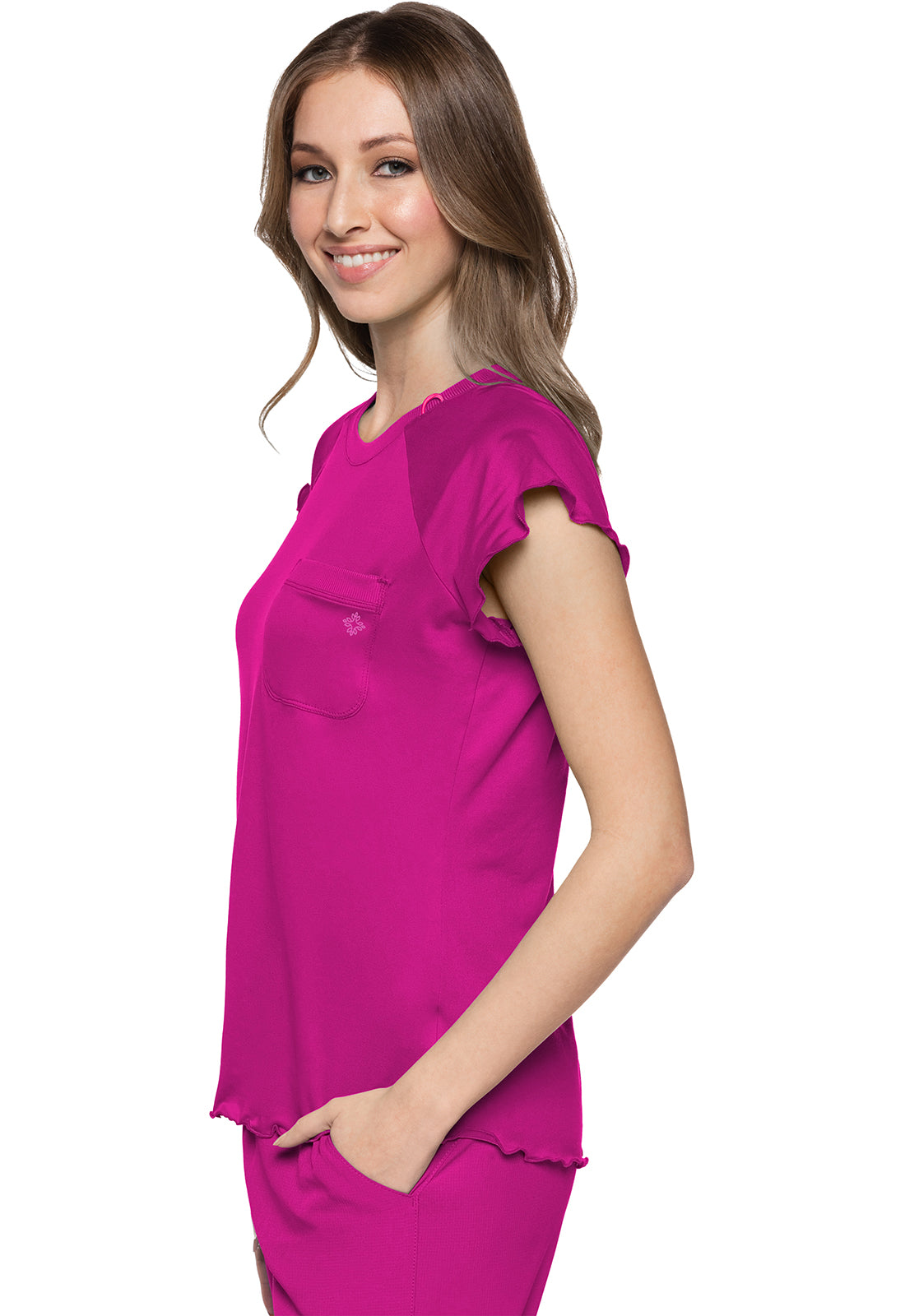 Layers MC706 Knit Lettuce-Edged Top Amp Pink Model Image Right Side | Med Couture