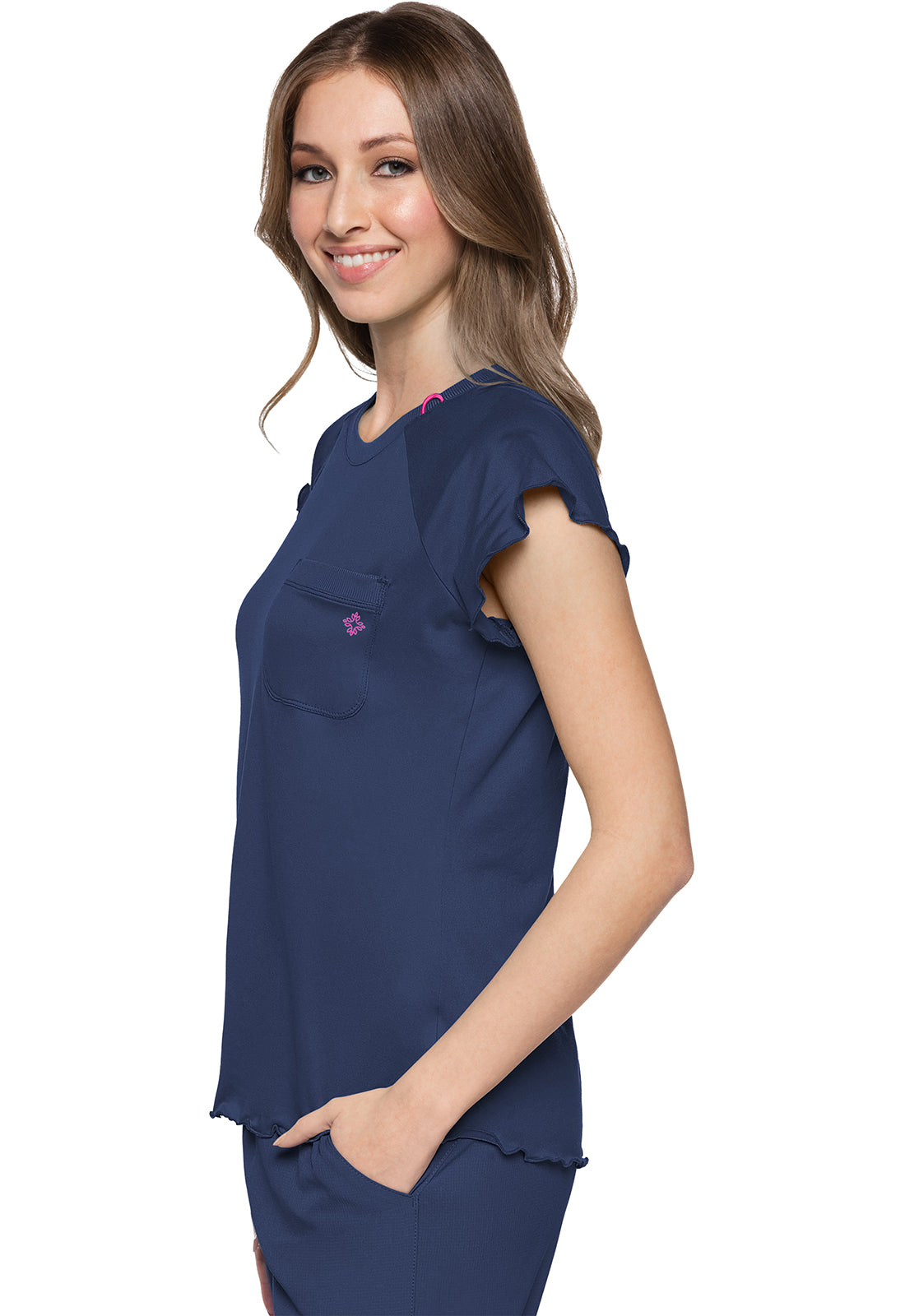 Layers MC706 Knit Lettuce-Edged Top Navy Model Image Right Side | Med Couture