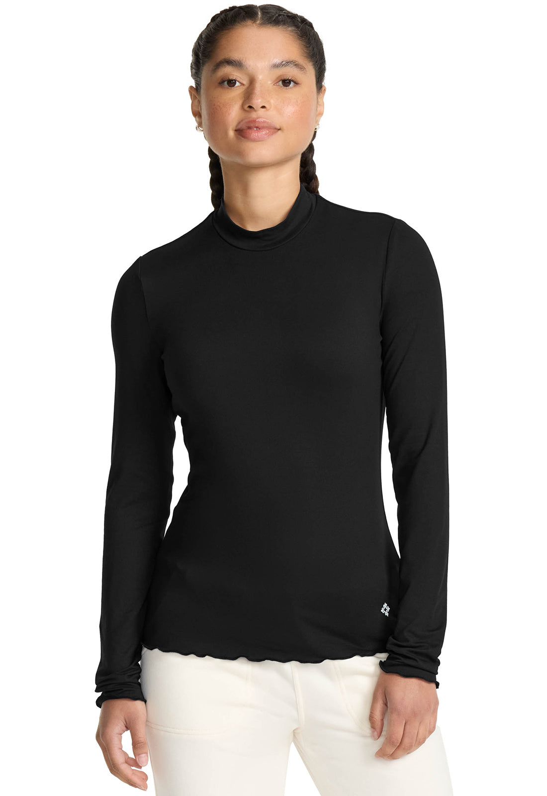 Layers MC708 Lettuce Edge Mock Neck Underscrub Black Model Image Front | Med Couture