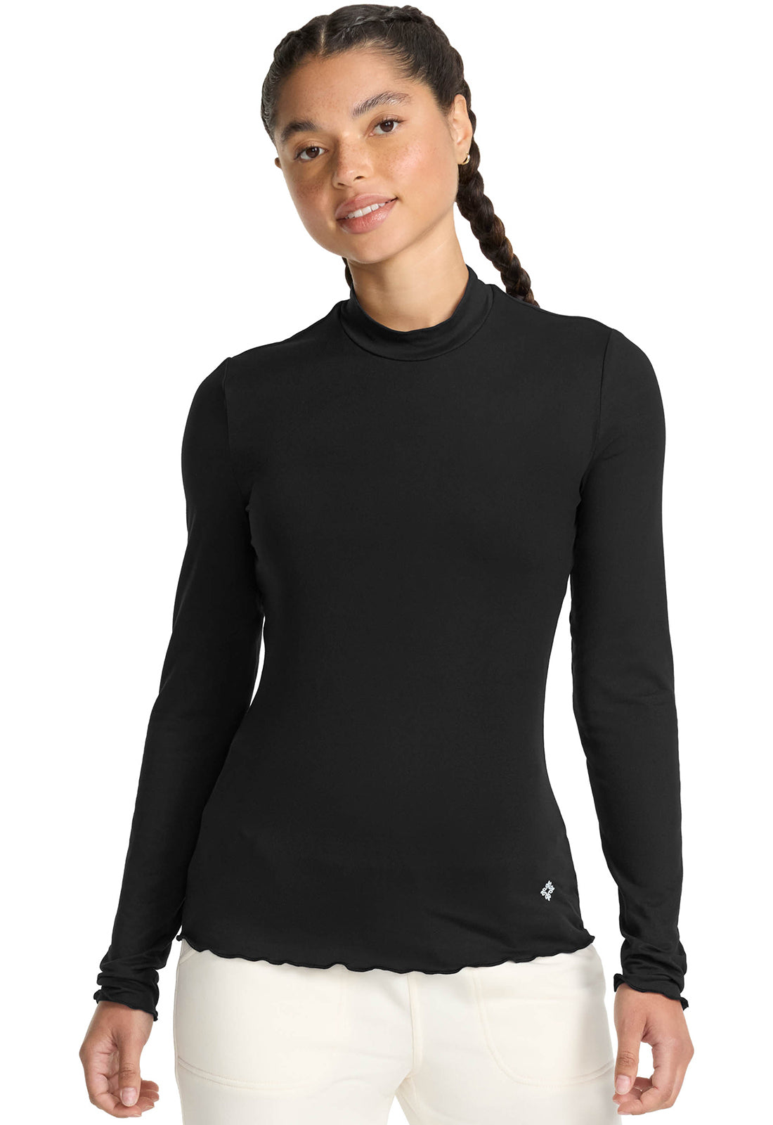 Layers MC708 Lettuce Edge Mock Neck Underscrub Black Model Image Right Side | Med Couture