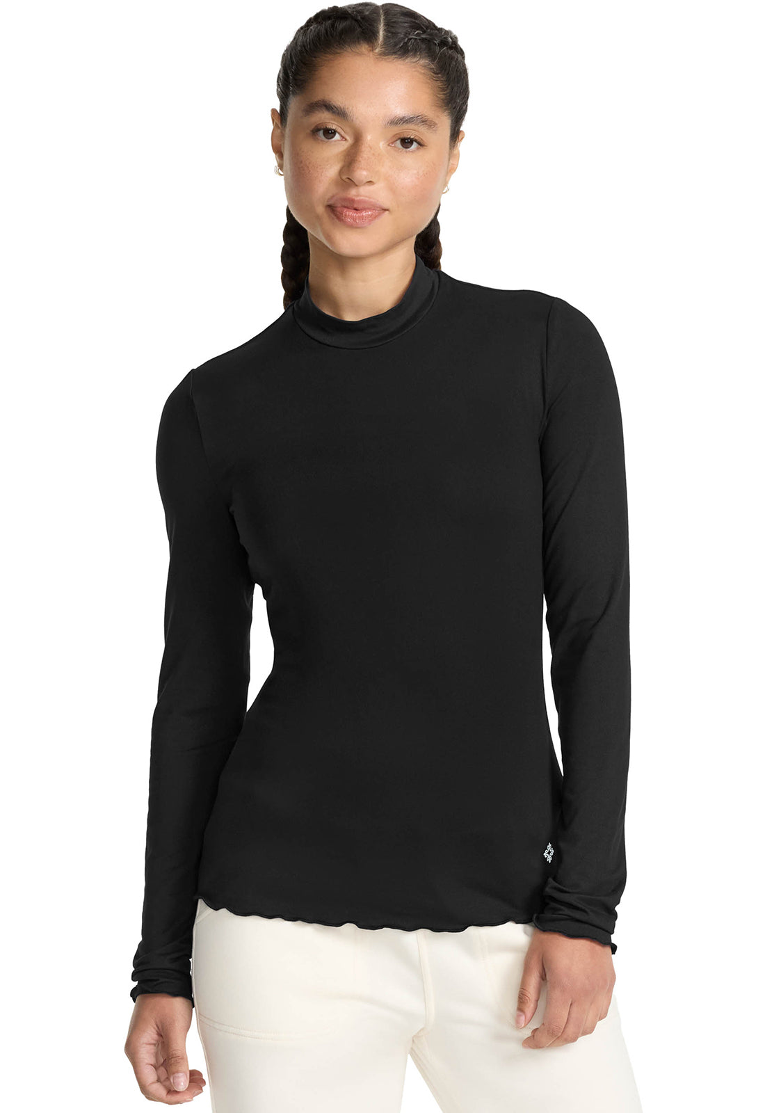 Layers MC708 Lettuce Edge Mock Neck Underscrub Black Model Image Left Side | Med Couture