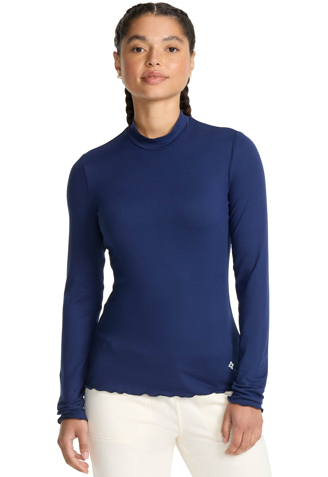 Layers MC708 Lettuce Edge Mock Neck Underscrub Navy Model Image Front | Med Couture