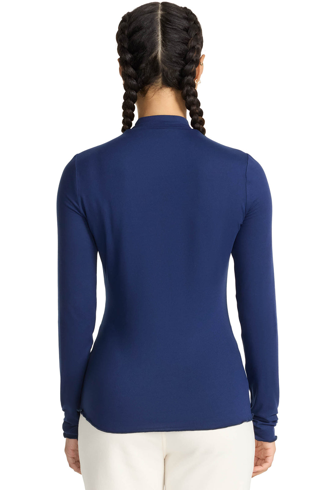 Layers MC708 Lettuce Edge Mock Neck Underscrub Navy Model Image Back | Med Couture