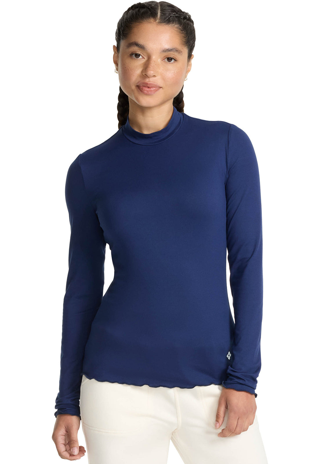 Layers MC708 Lettuce Edge Mock Neck Underscrub Navy Model Image Left Side | Med Couture