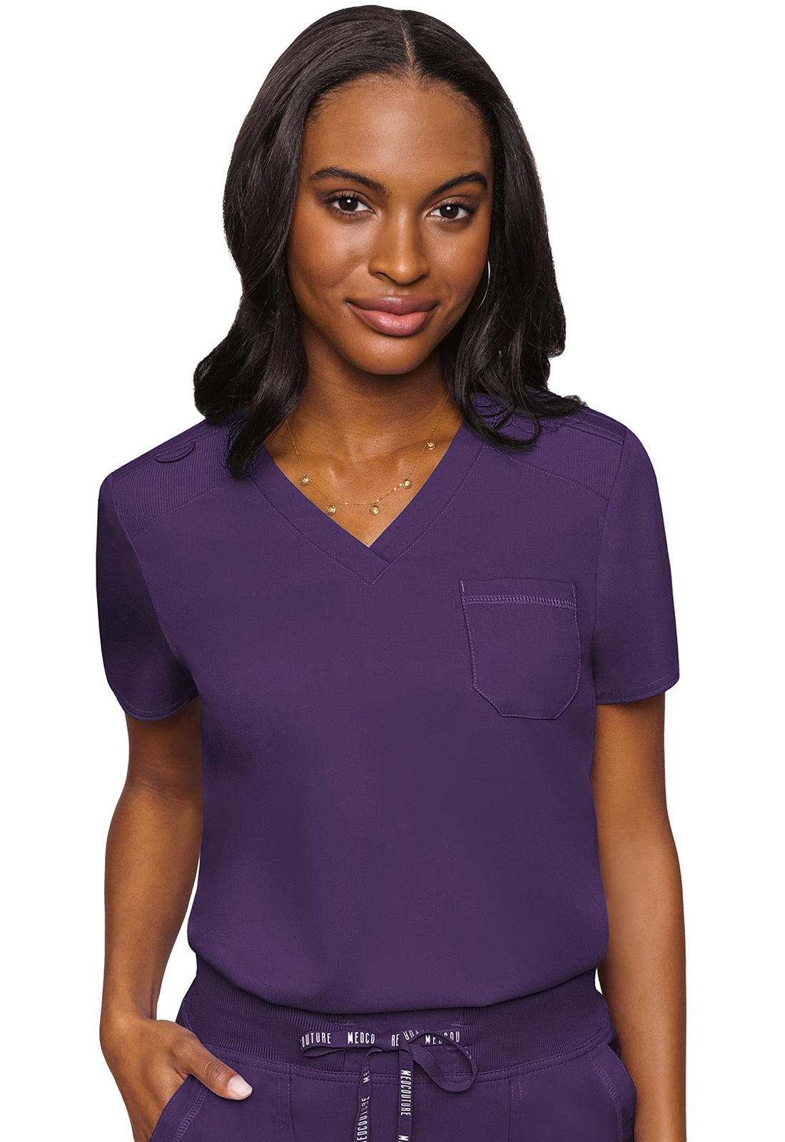 Touch MC7448 V-Neck Tuck In Eggplant Model Image Front | Med Couture