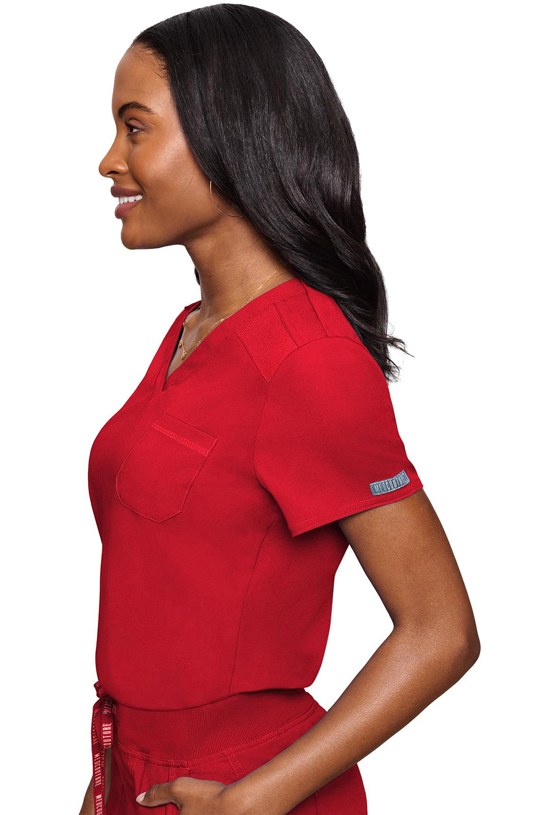 Touch MC7448 V-Neck Tuck In Red Model Image Right Side | Med Couture