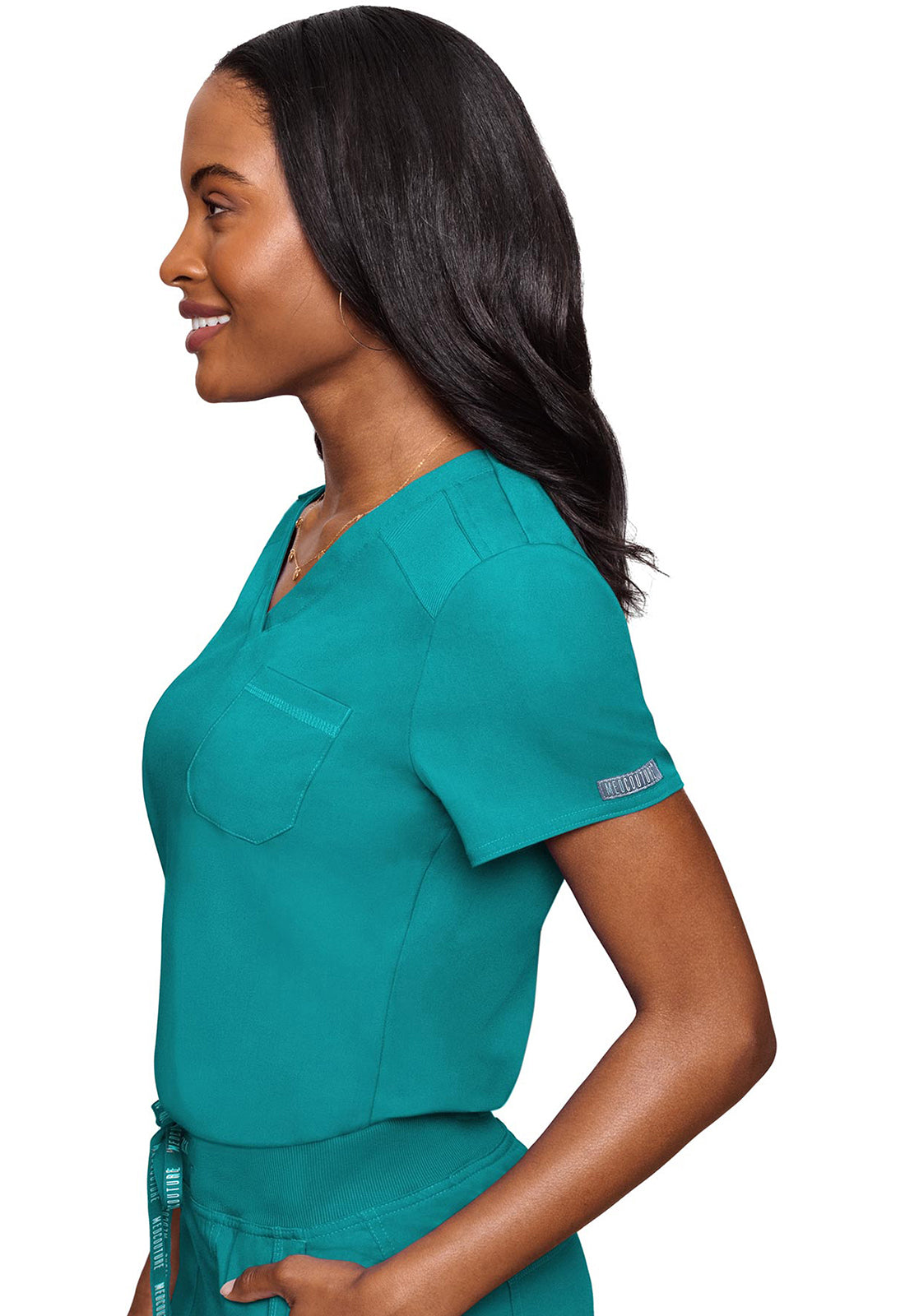 Touch MC7448 V-Neck Tuck In Teal Model Image Right Side | Med Couture