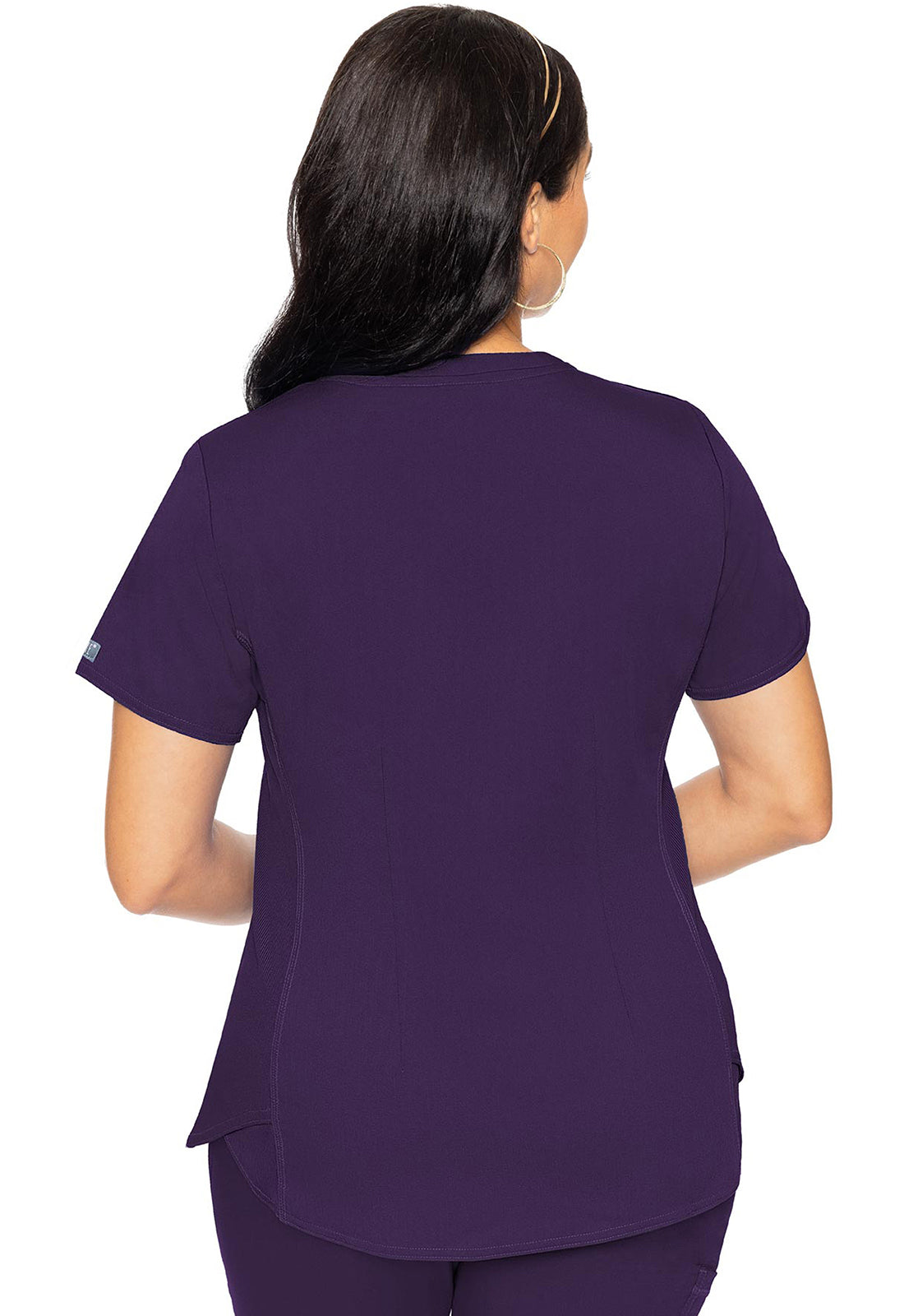 Touch MC7459 V-Neck Shirttail Top Eggplant Model Image Back | Med Couture