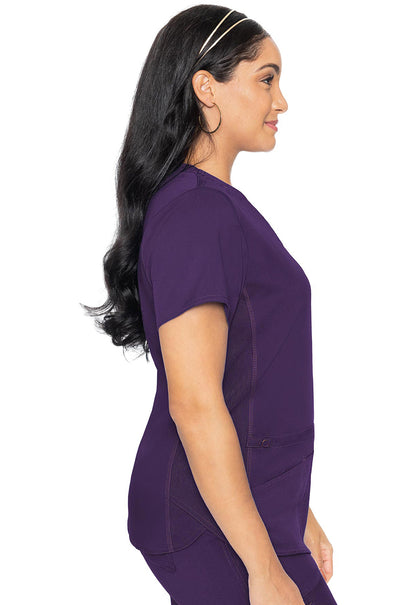 Touch MC7459 V-Neck Shirttail Top Eggplant Model Image Left Side | Med Couture