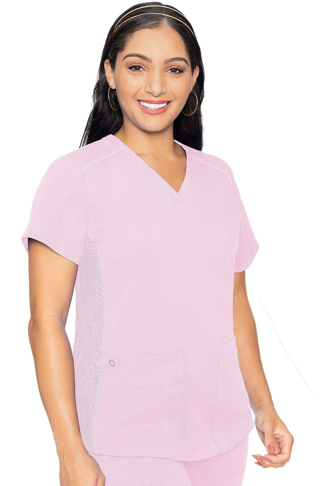 Touch MC7459 V-Neck Shirttail Top Ice Pink Model Image Front | Med Couture