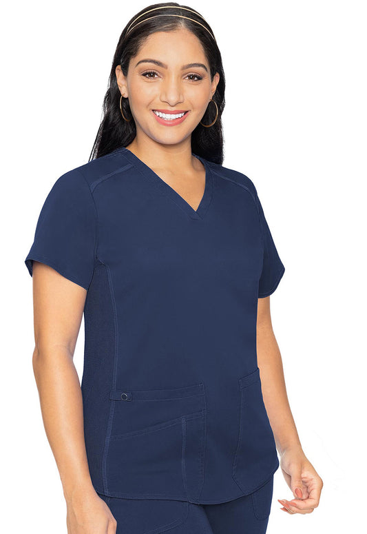 Touch MC7459 V-Neck Shirttail Top Navy Model Image Front | Med Couture