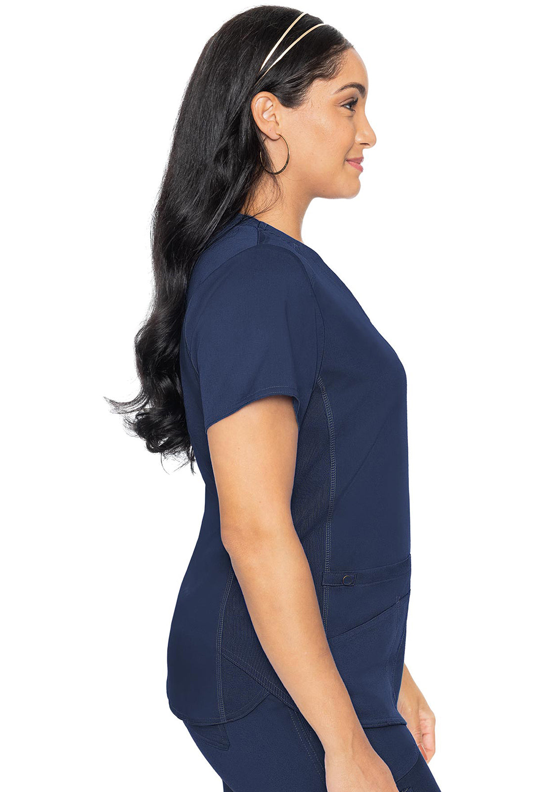 Touch MC7459 V-Neck Shirttail Top Navy Model Image Right Side | Med Couture