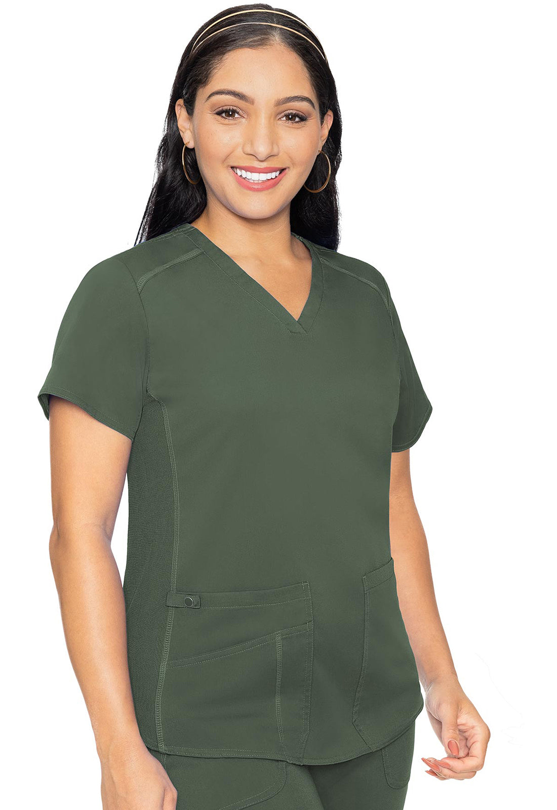 Touch MC7459 V-Neck Shirttail Top Olive Model Image Front | Med Couture