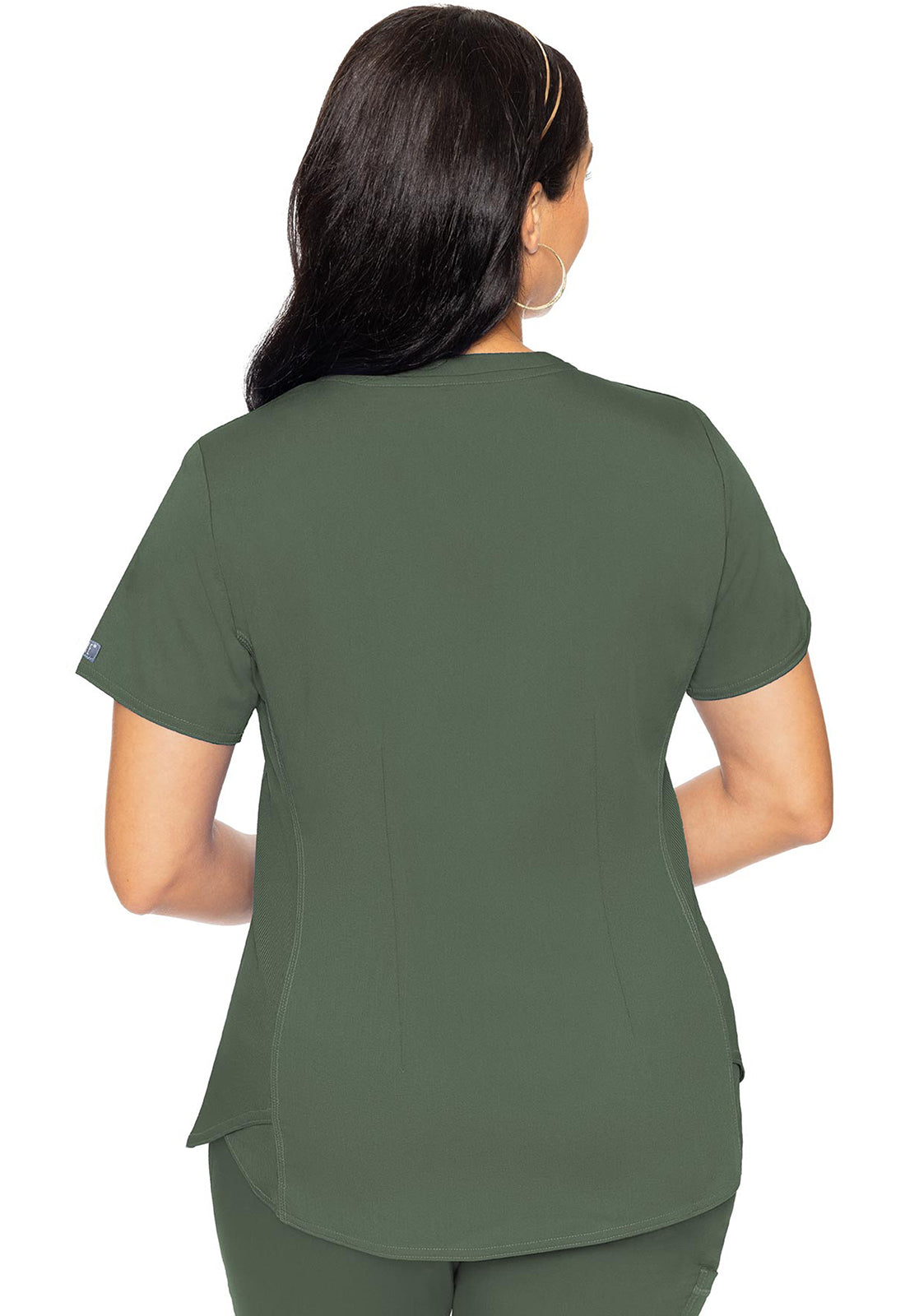 Touch MC7459 V-Neck Shirttail Top Olive Model Image Back | Med Couture