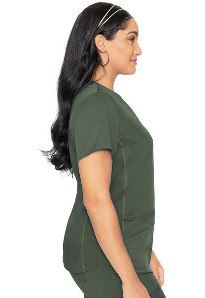 Touch MC7459 V-Neck Shirttail Top Olive Model Image Right Side | Med Couture