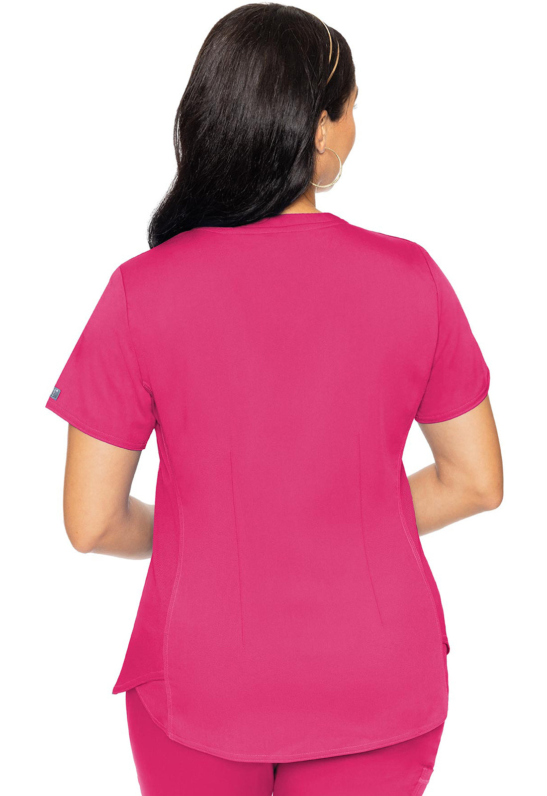 Touch MC7459 V-Neck Shirttail Top Pink Punch Model Image Back | Med Couture