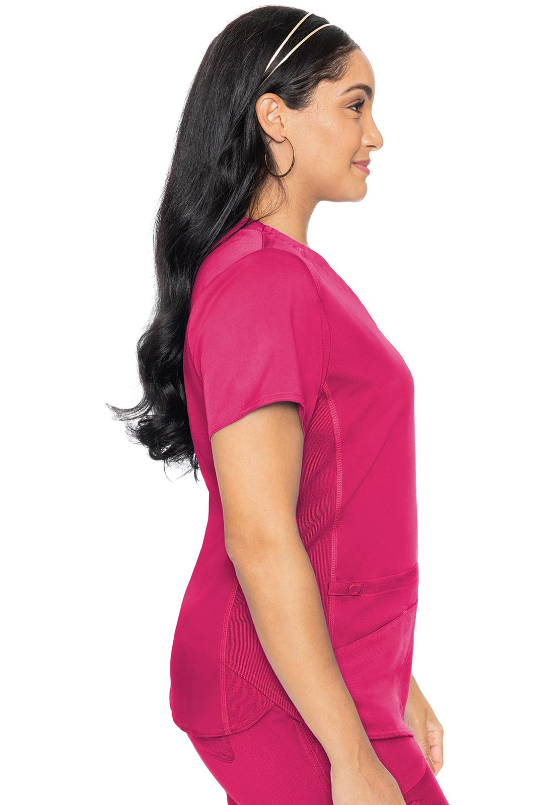 Touch MC7459 V-Neck Shirttail Top Pink Punch Model Image Right Side | Med Couture