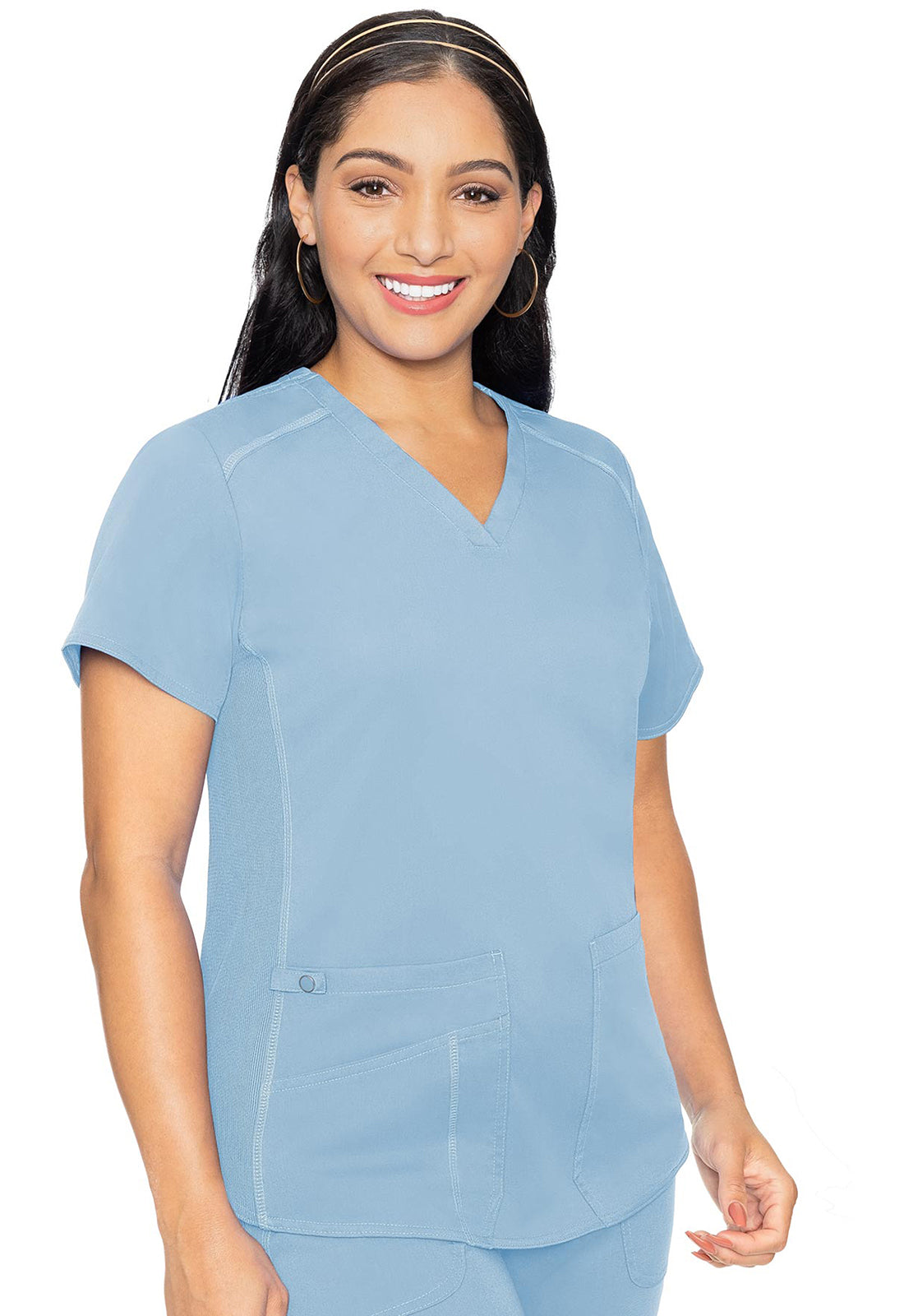 Touch MC7459 V-Neck Shirttail Top Periwinkle Model Image Front | Med Couture