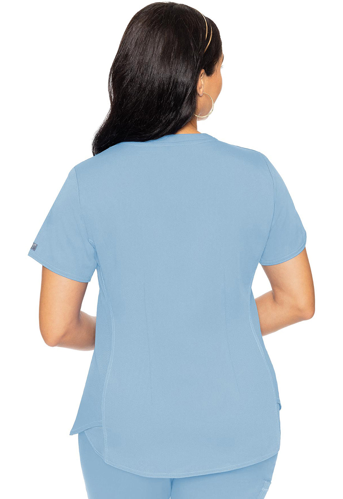 Touch MC7459 V-Neck Shirttail Top Periwinkle Model Image Back | Med Couture