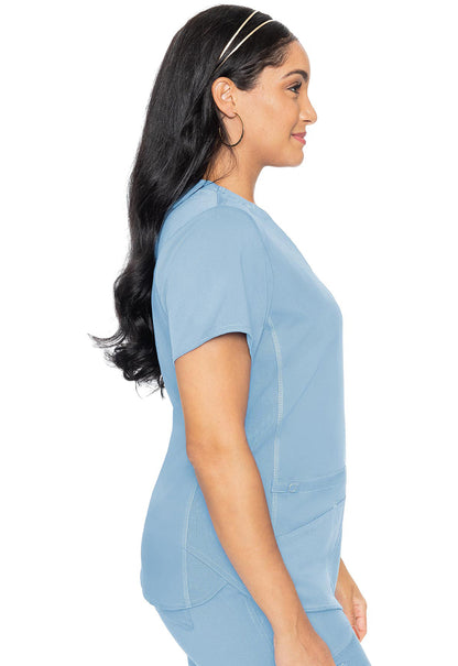 Touch MC7459 V-Neck Shirttail Top Periwinkle Model Image Right Side | Med Couture