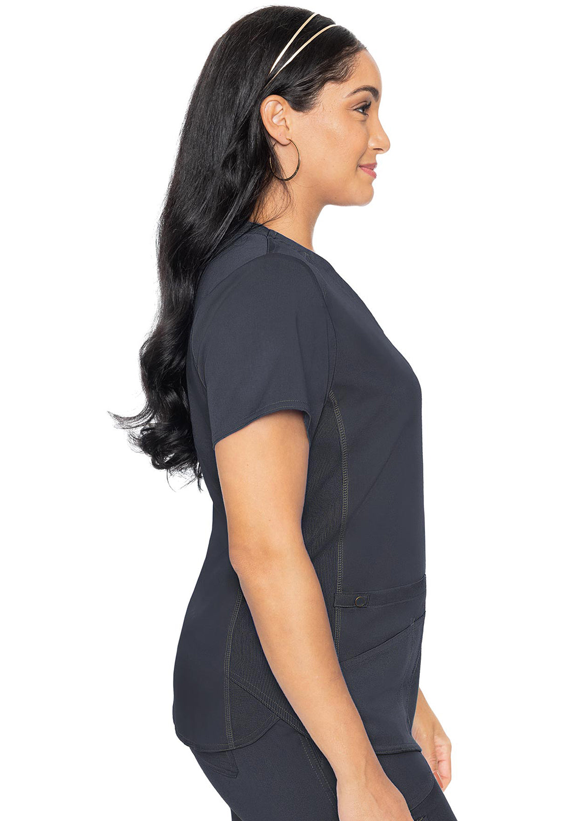 Touch MC7459 V-Neck Shirttail Top Pewter Model Image Right Side | Med Couture