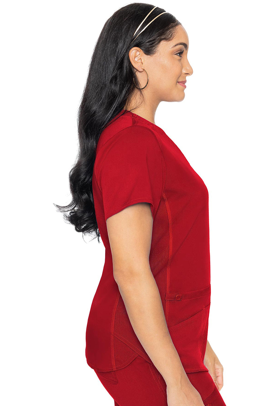 Touch MC7459 V-Neck Shirttail Top Red Model Image Right Side | Med Couture