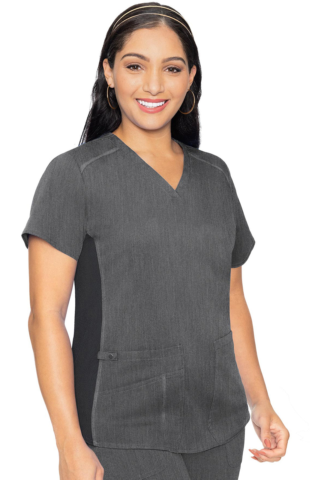 Touch MC7459 V-Neck Shirttail Top Slate Model Image Front | Med Couture