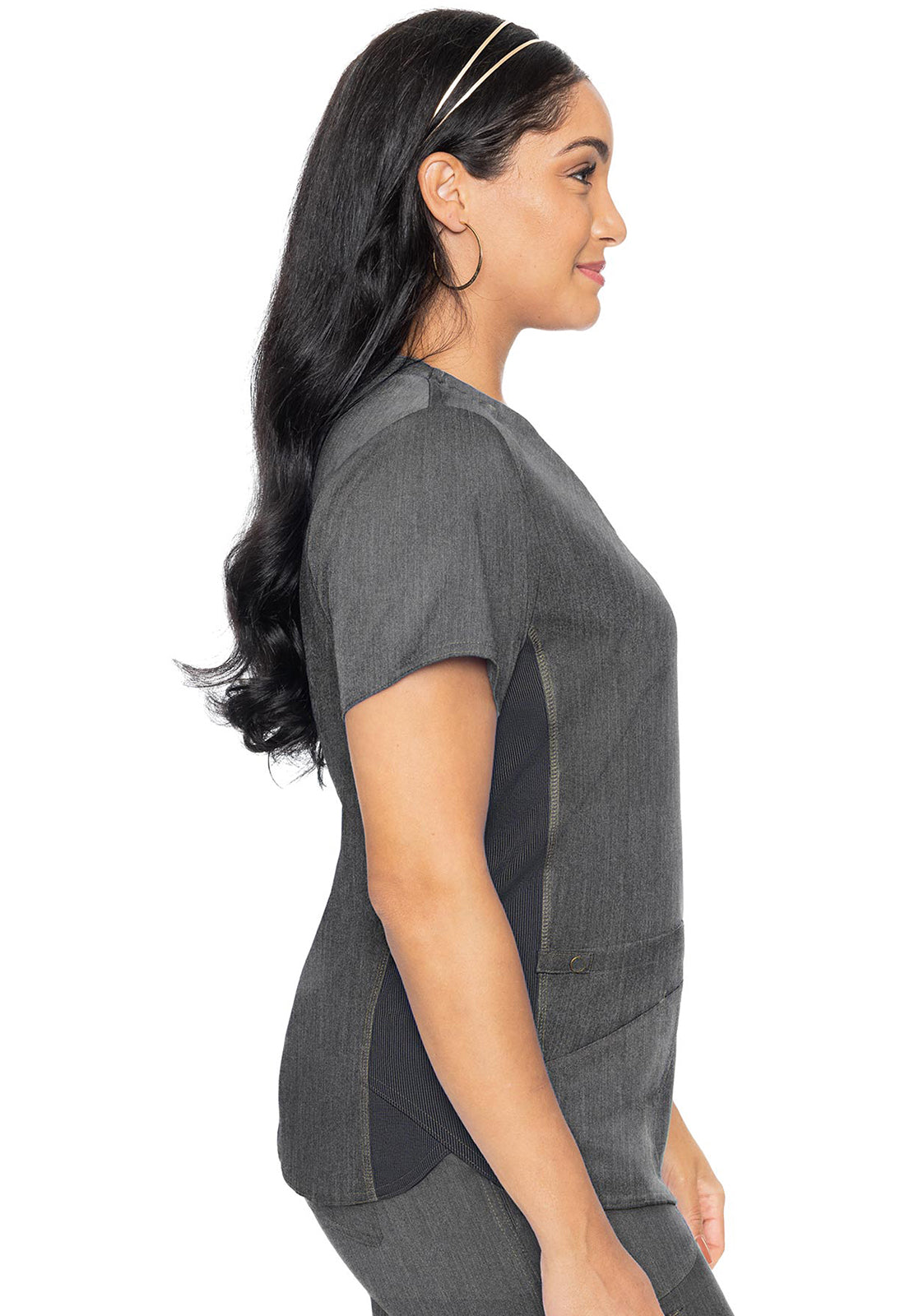 Touch MC7459 V-Neck Shirttail Top Slate Model Image Right Side | Med Couture