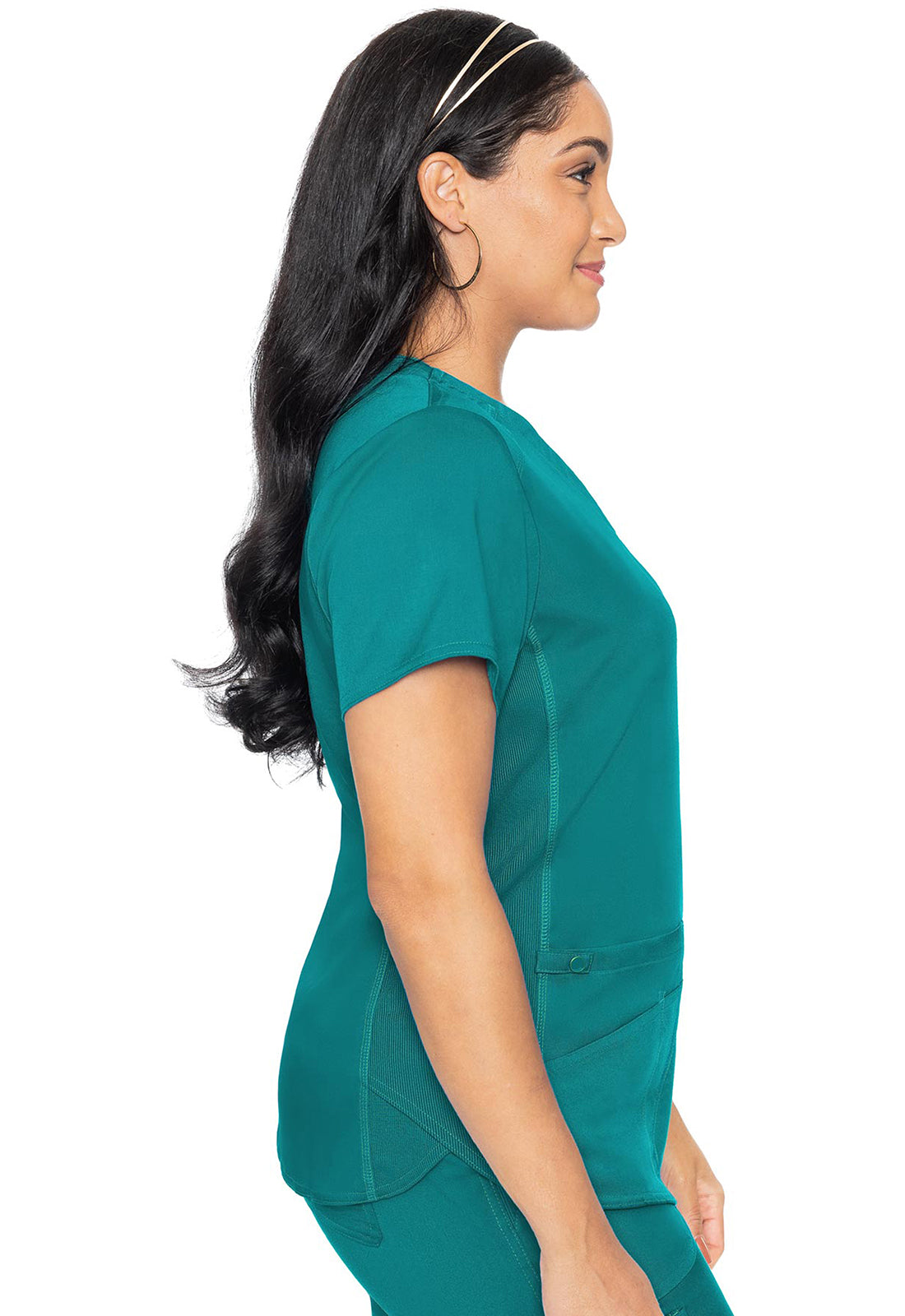 Touch MC7459 V-Neck Shirttail Top Teal Model Image Left Side | Med Couture