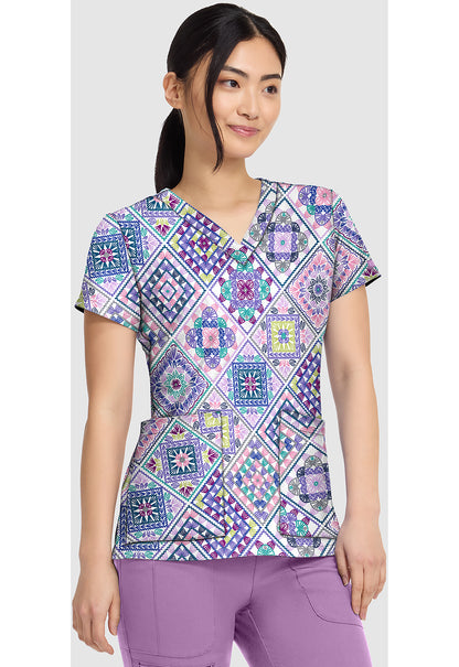 Prints MC8564 Women's V-Neck Print Scrub Top Crochet All Day