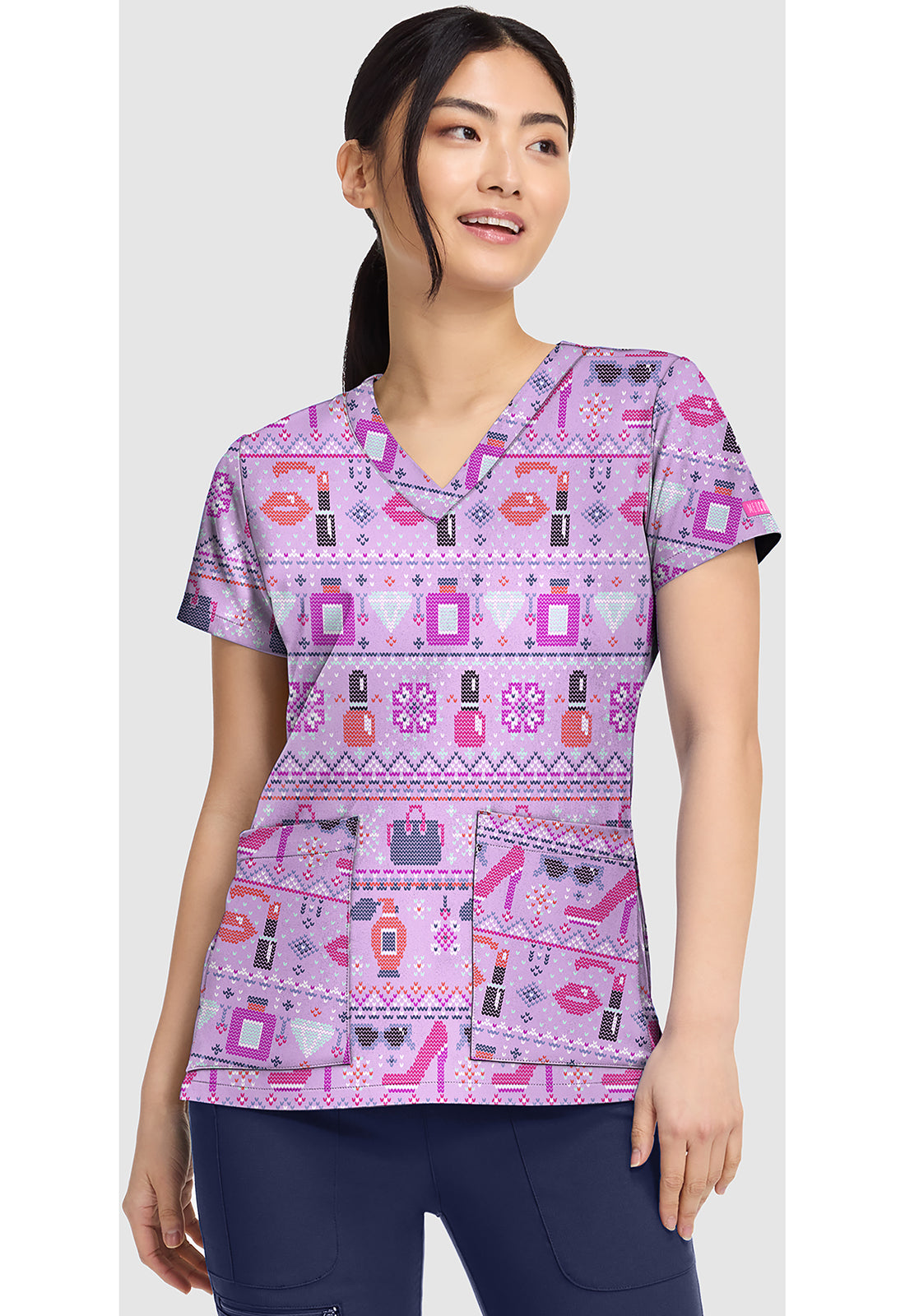 Prints MC8564 Women's V-Neck Print Scrub Top Fashion Fair Isle