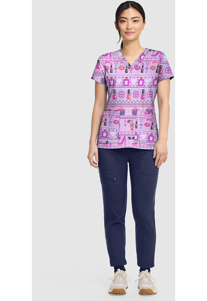 Prints MC8564 Women's V-Neck Print Scrub Top Fashion Fair Isle